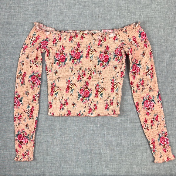 Self Esteem Pink Floral Printed Smocked Off Shoulder Top Juniors Size Small - Picture 2 of 5